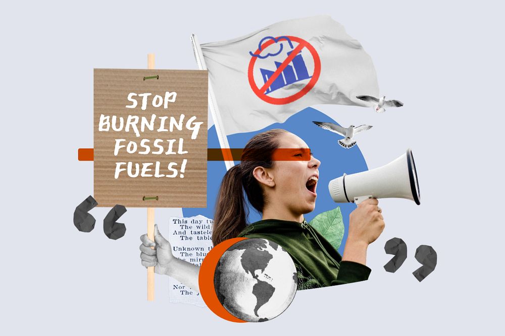 Stop burning fossil fuels, environmental protest remix, editable design