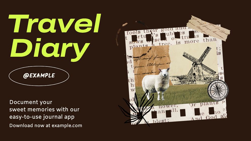 Travel diary app  blog banner template, editable text