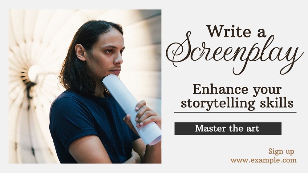 Write a screenplay blog banner template, editable text