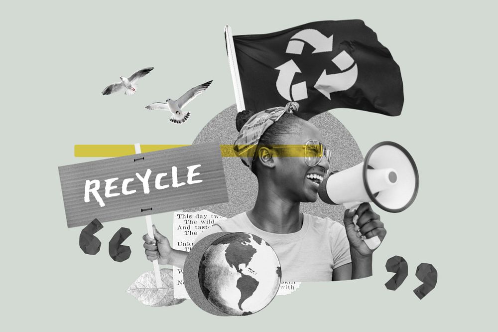 Recycle environment protest, woman holding megaphone remix, editable design