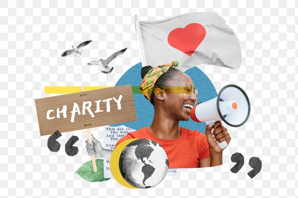 Charity word, volunteer woman holding megaphone remix, editable design