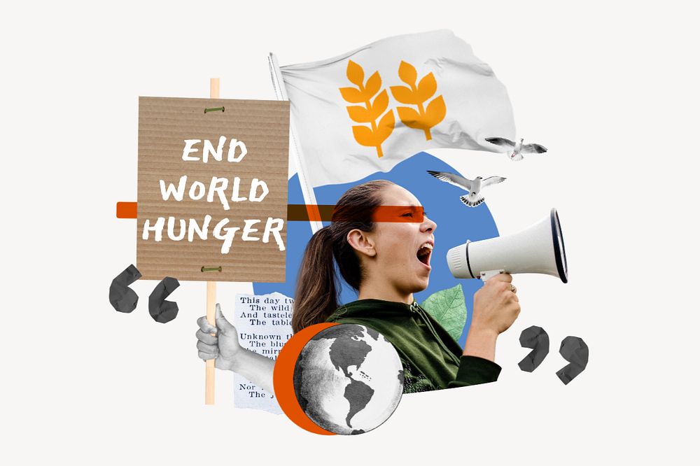 End world hunger, human rights protest remix, editable design