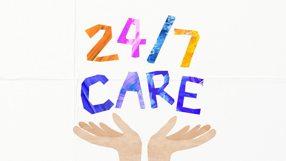 24/7 care word, paper craft collage, editable design