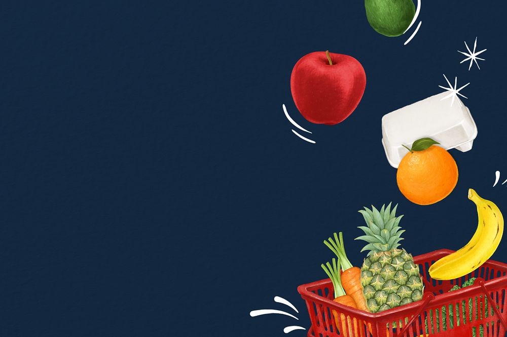 Grocery shopping basket background, healthy food illustration, editable design