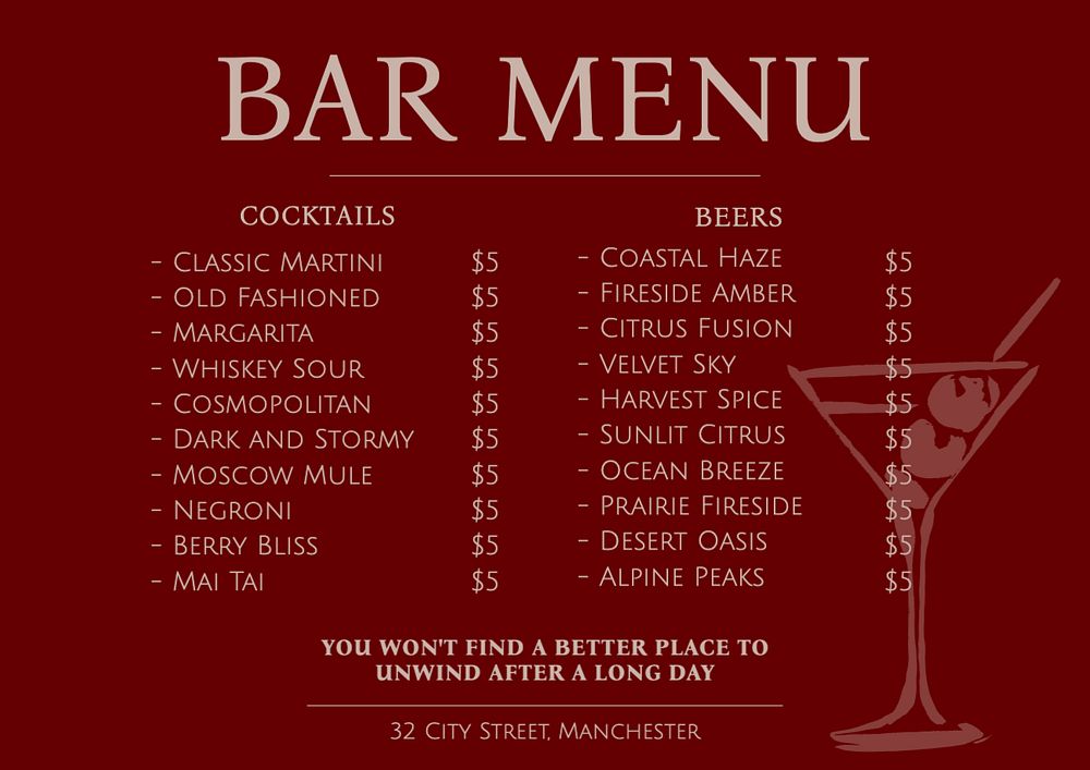 Bar menu template, editable text and design