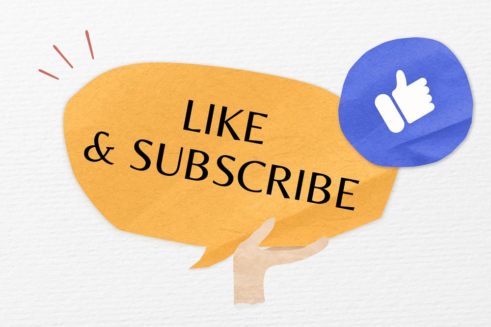 Like & subscribe, word in paper speech bubble, editable design