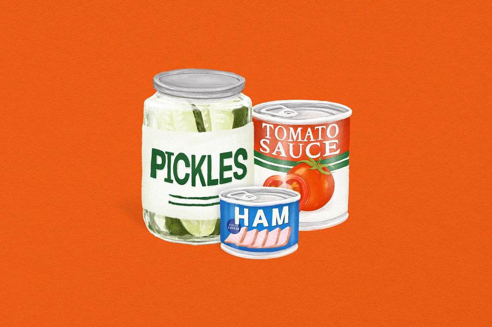 Canned food, pickles, ham, tomato sauce illustration, editable design