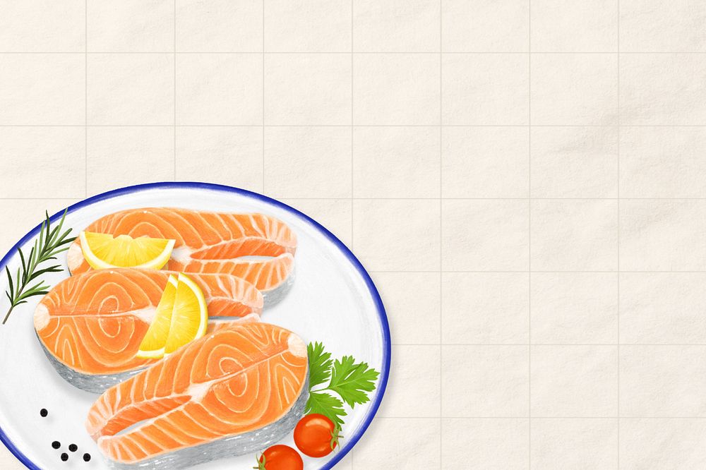 Salmon steak background, food border, editable design