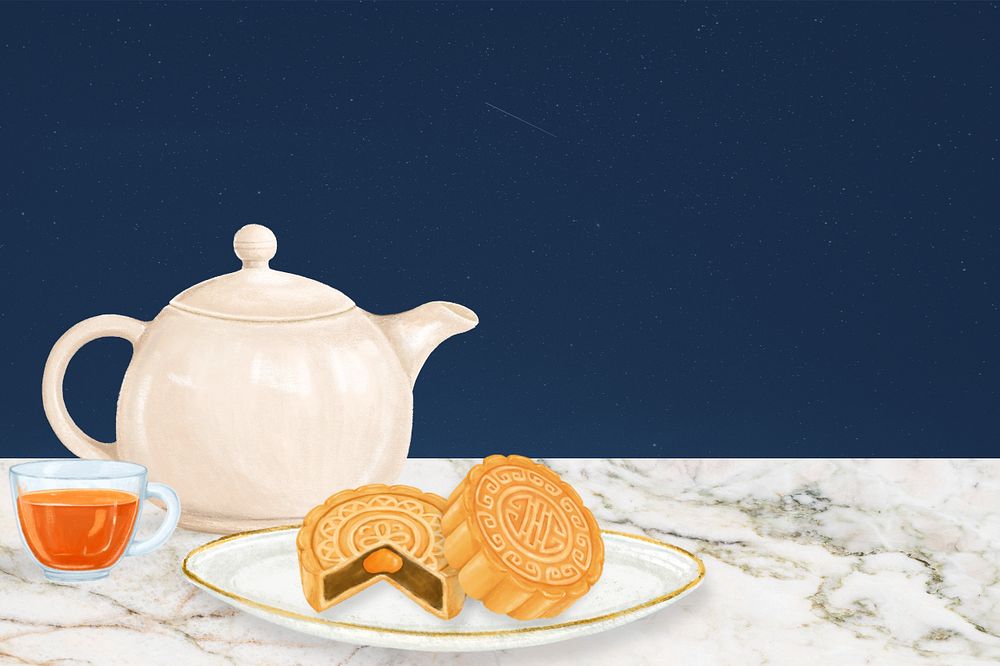 Mooncake and tea background, Chinese dessert border, editable design