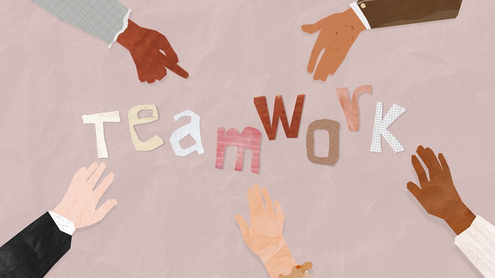 Teamwork word, paper diverse hands united collage, editable design