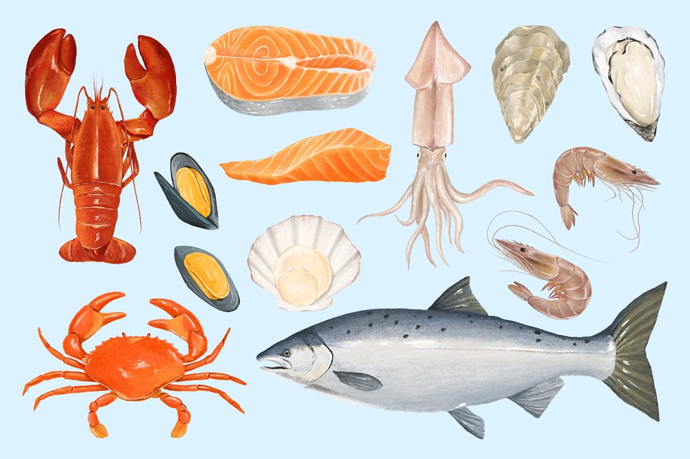 Fresh seafood, food collage element set, editable design