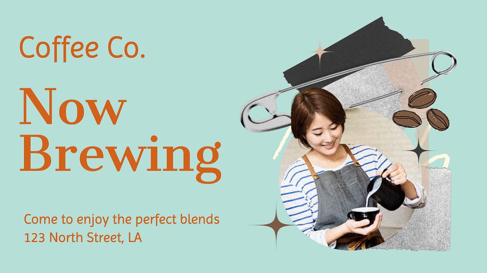 Now brewing, cafe blog banner template, editable text