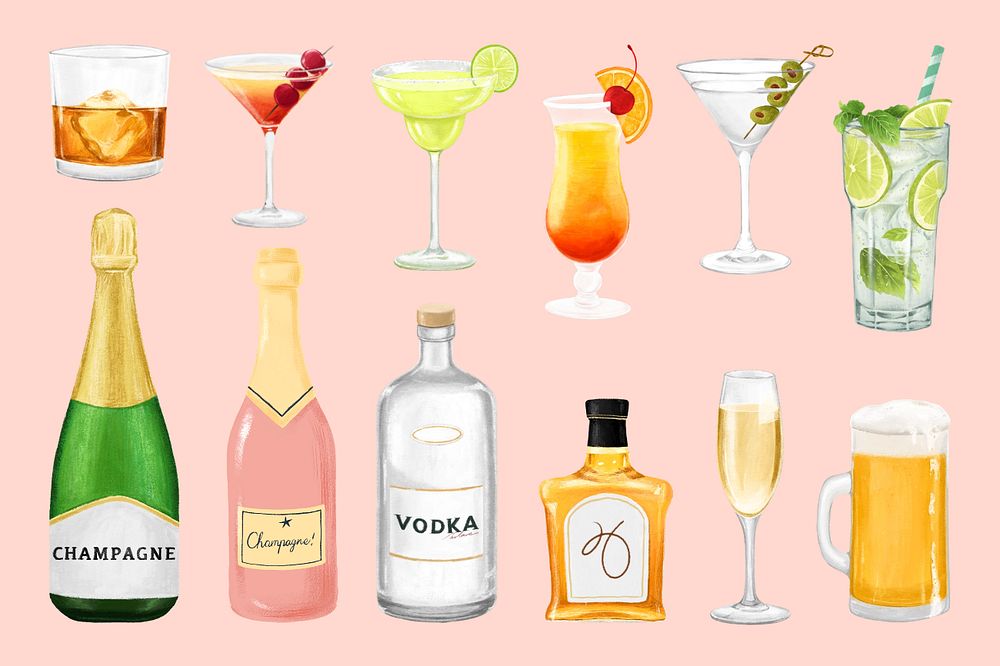 Alcoholic beverage drinks collage element set, editable design