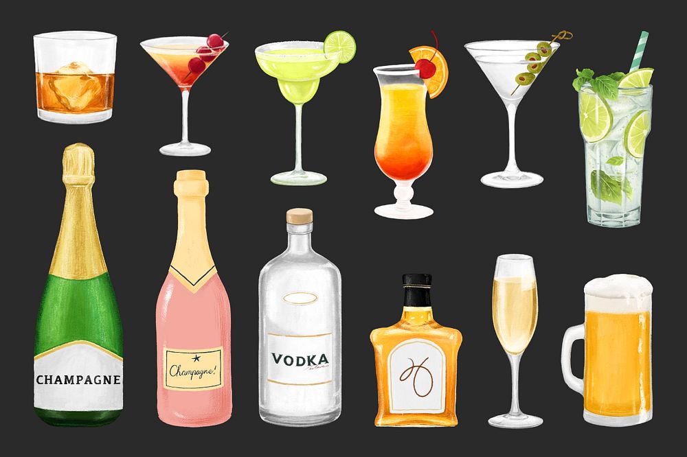 Alcoholic beverage drinks collage element set, editable design