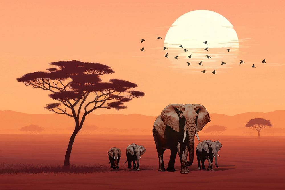 African elephants background, wild animal digital paint