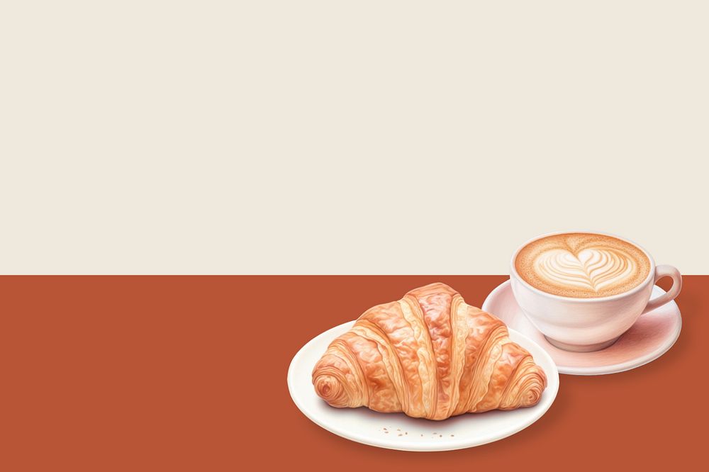 Croissant & coffee background, aesthetic food digital paint