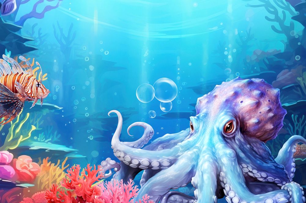 Aesthetic giant octopus background, underwater environment digital painting