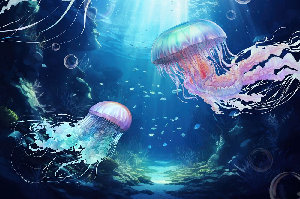 Aesthetic jellyfishes background, underwater environment digital painting