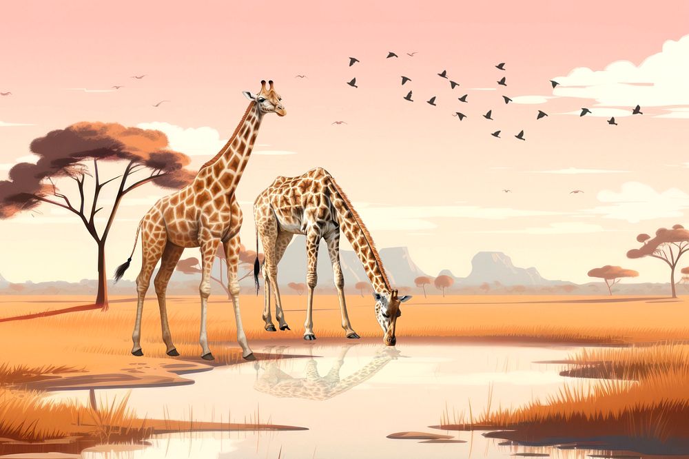 African giraffes background, wild animal digital paint