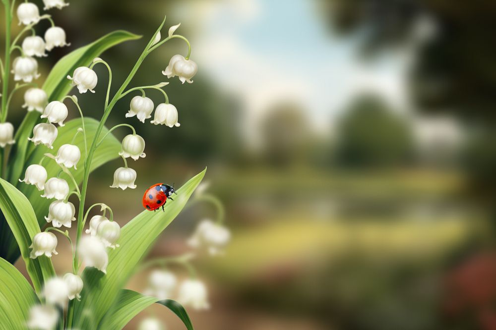 Ladybug on flower background, aesthetic Spring digital painting