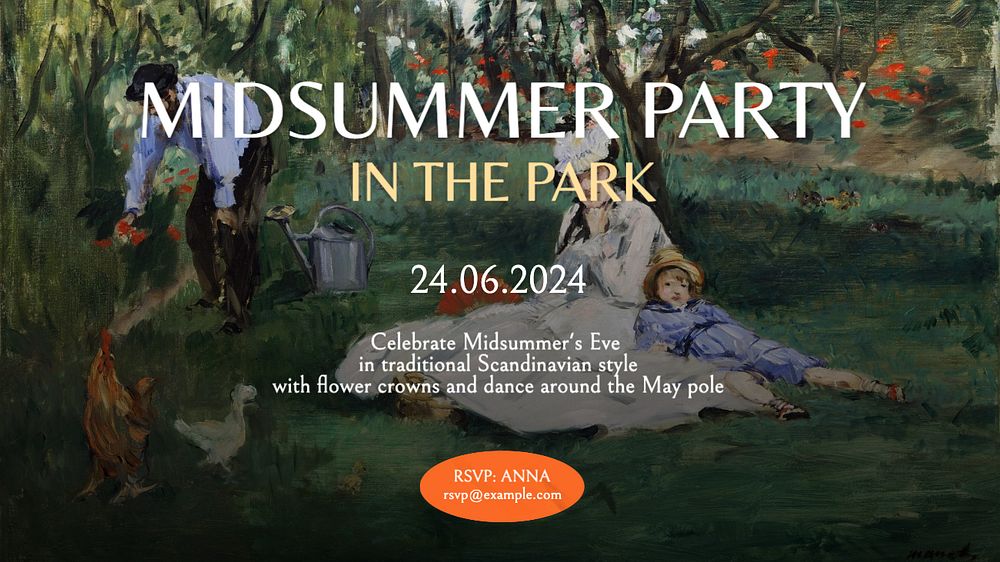 Midsummer park party  blog banner template, editable text