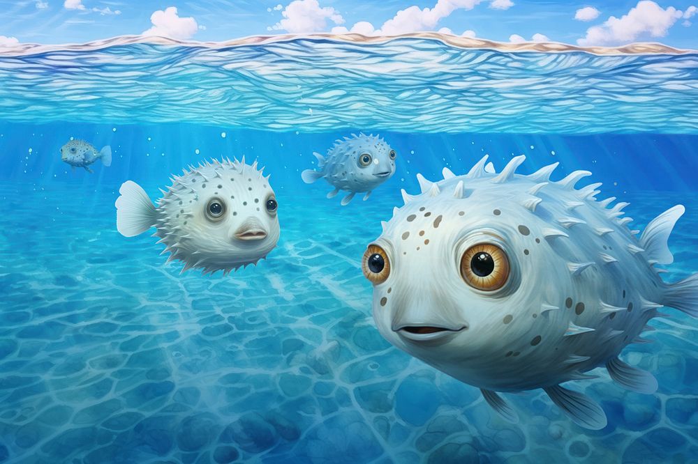 Editable puffers underwater digital paint illustration