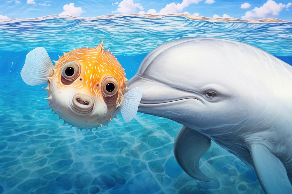 Editable puffer & dolphin digital paint illustration