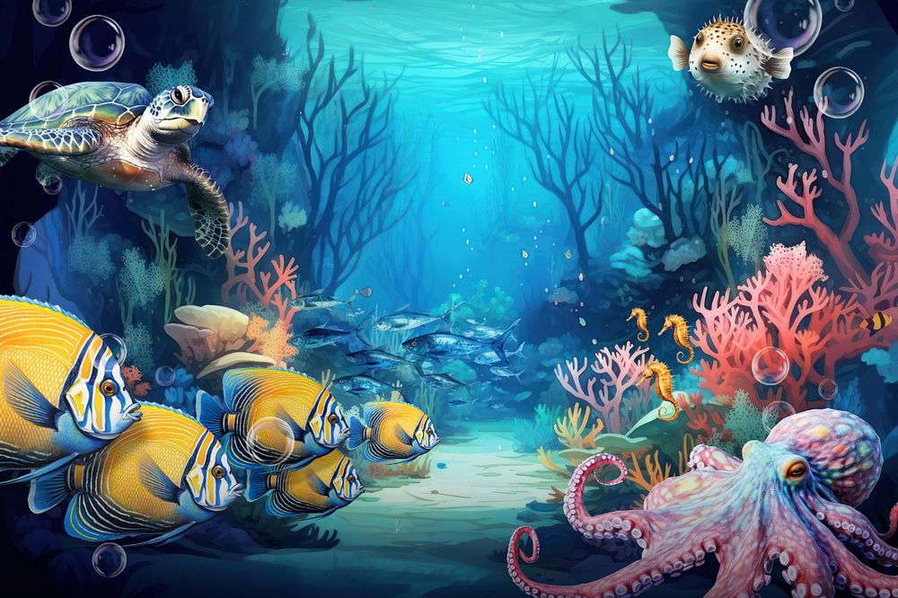 Under ocean background, editable digital paint illustration