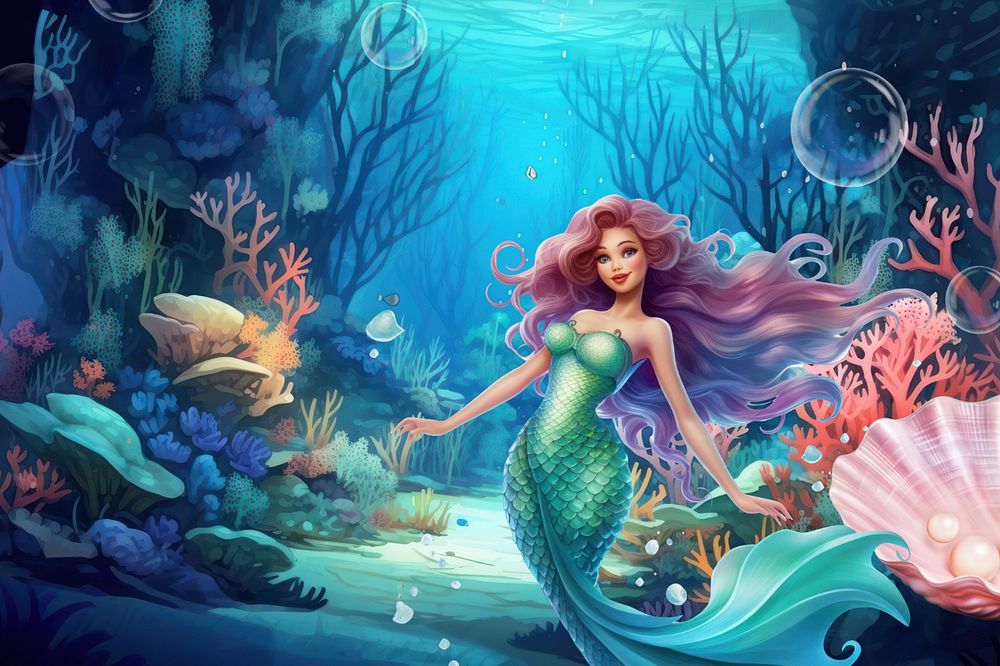 Editable mermaid underwater digital paint illustration