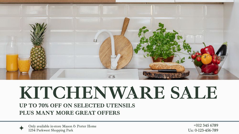 Kitchenware sale  blog banner template, editable text