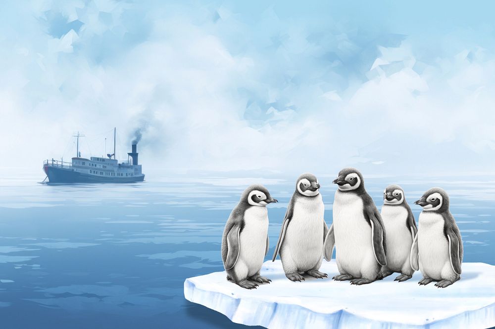 Editable penguins digital paint illustration, climate crisis