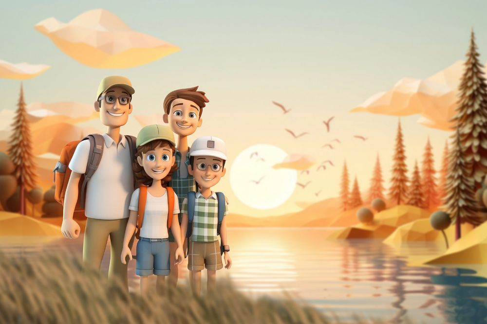 Editable 3D family trekking cartoon illustration