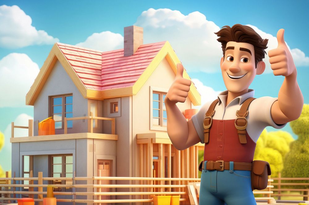 Editable 3D handyman building a house cartoon illustration