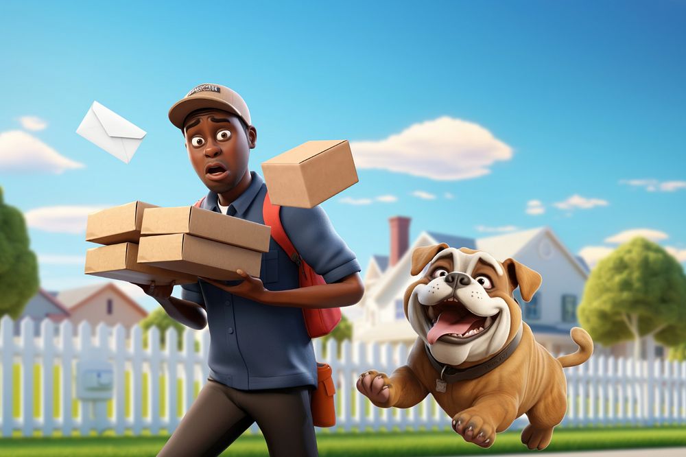 Editable 3D dog chasing postman cartoon illustration