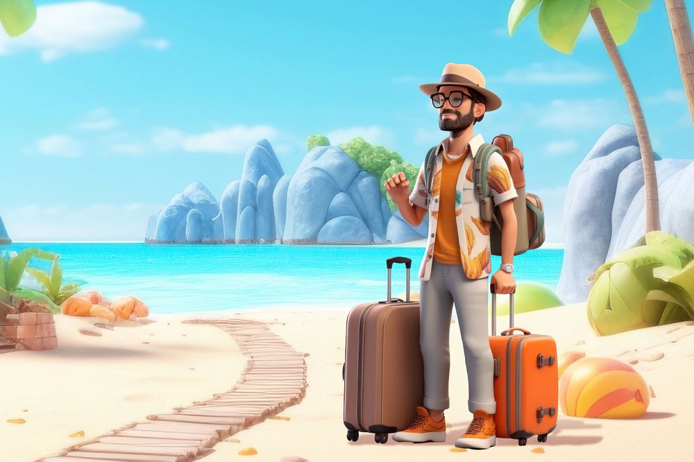 Editable 3D man traveling to tropical island cartoon illustration