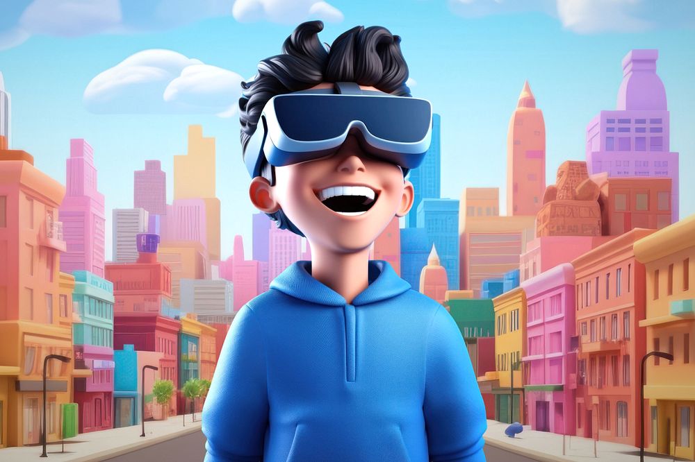 Editable 3D man experiencing VR technology cartoon illustration