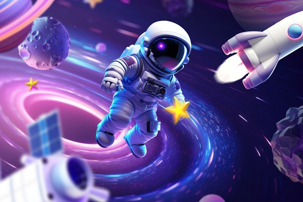 Astronaut 3D illustration, purple futuristic galaxy editable design