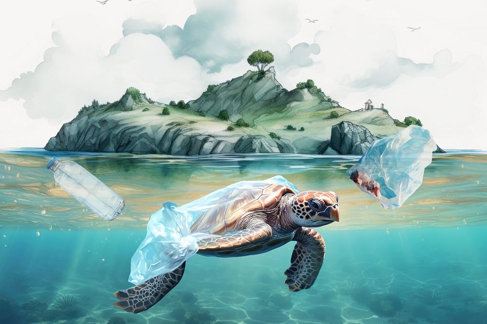 Sea turtle plastic pollution illustration, digital art editable design