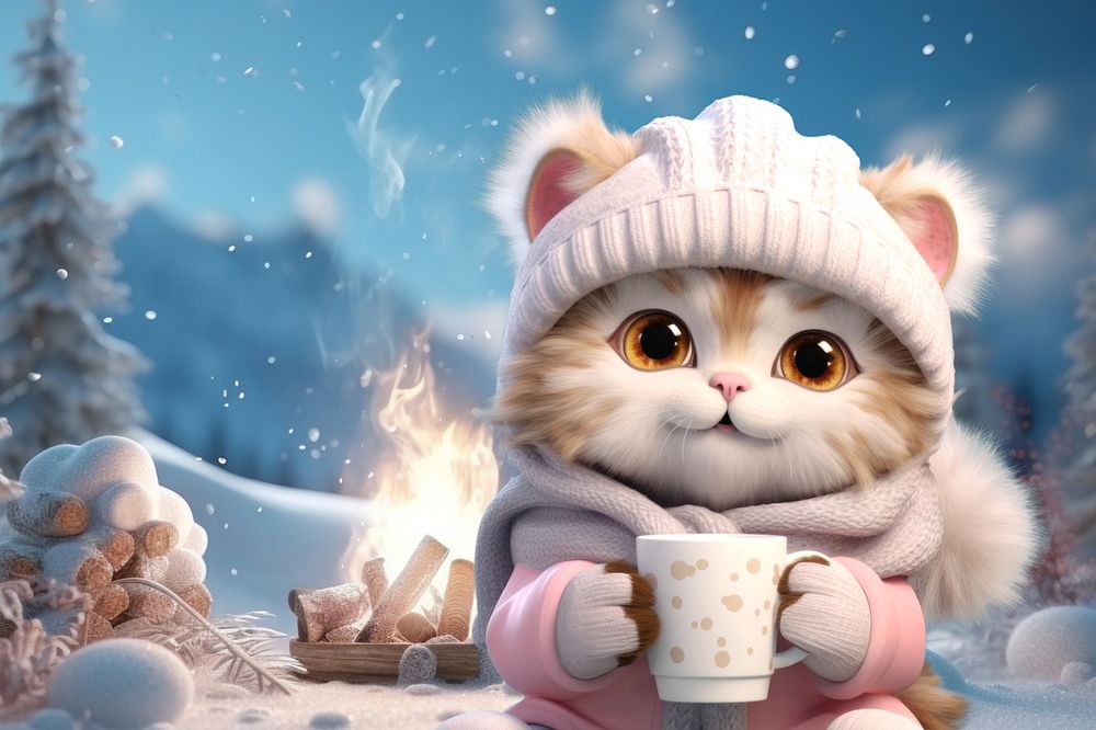 3D winter cat character illustration  editable design