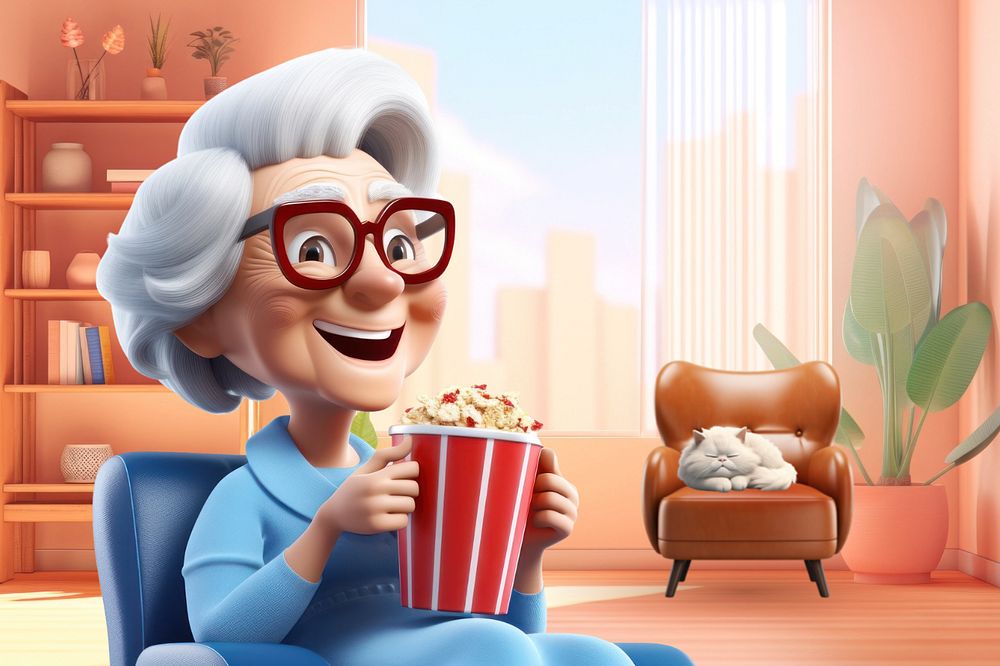 3D senior woman enjoying movie illustration  editable design