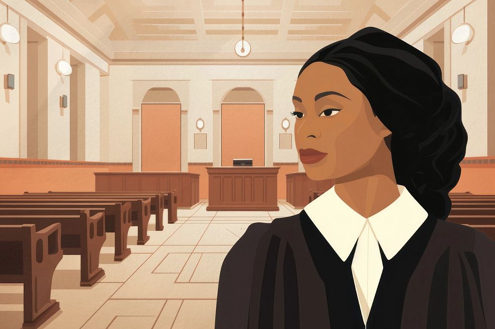 Black female judge in courtroom illustration