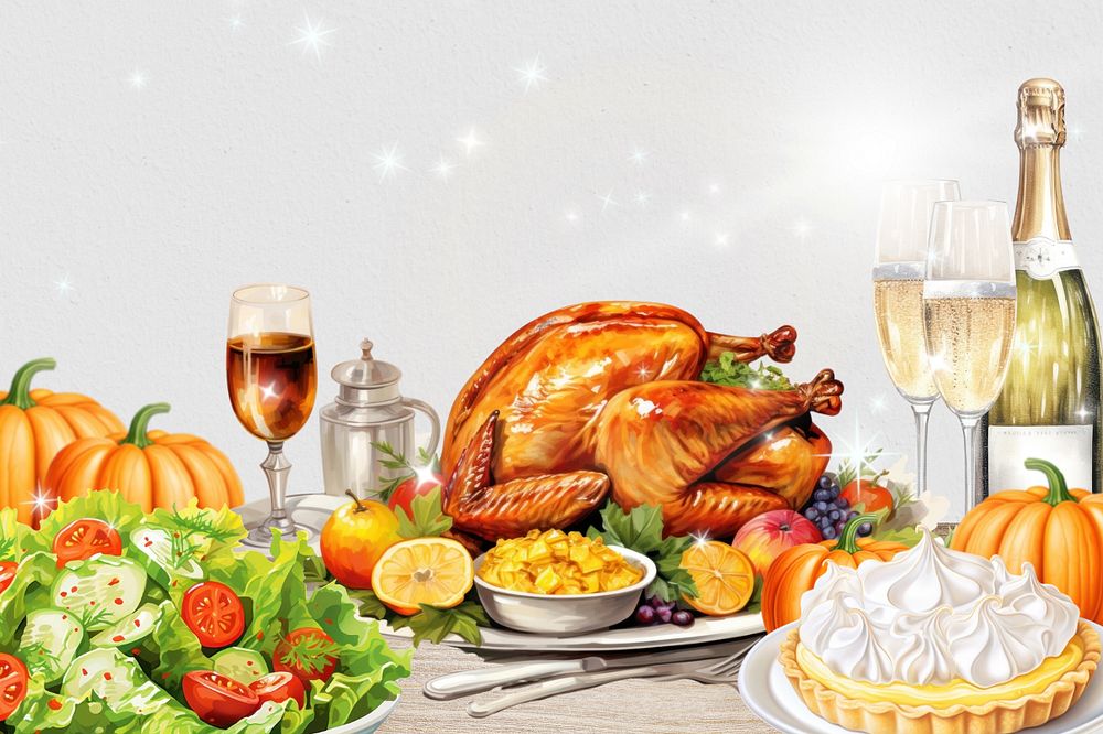 Turkey Thanksgiving dinner illustration, digital art editable design