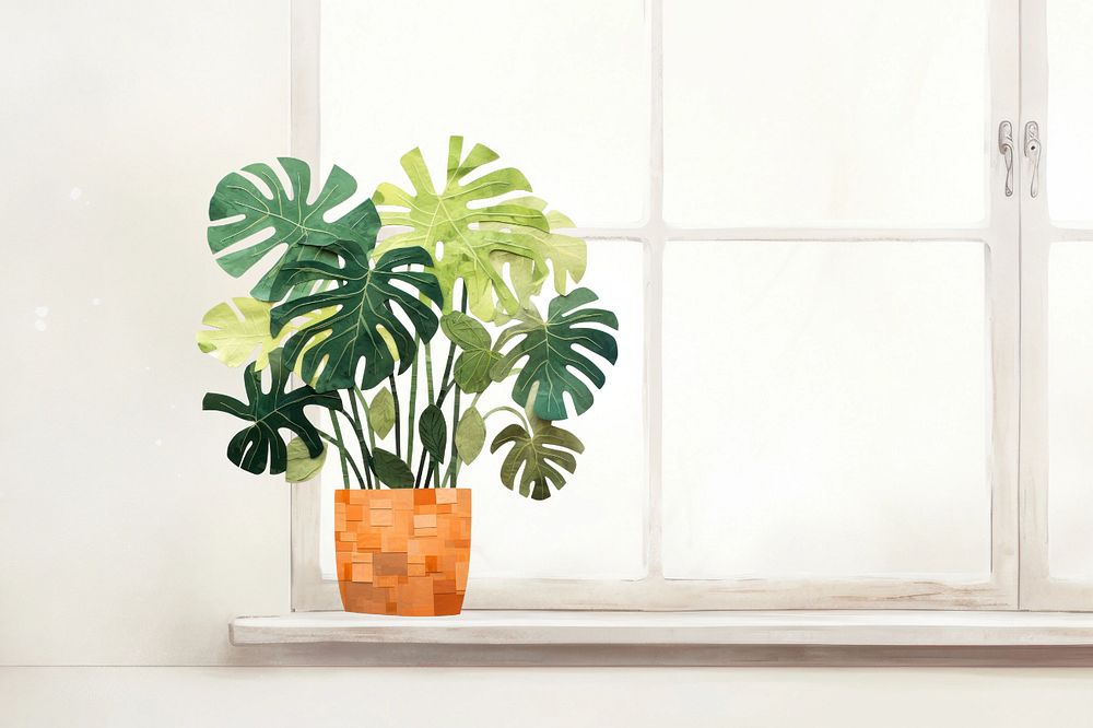 Monstera houseplant window paper craft illustration editable design