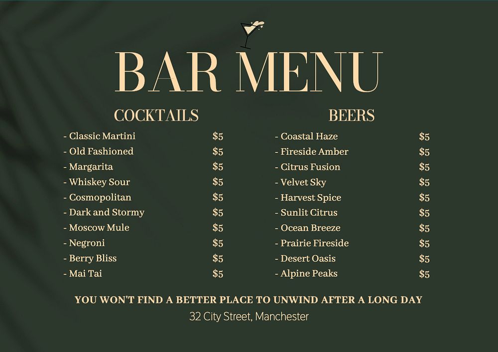 Bar menu template, editable design