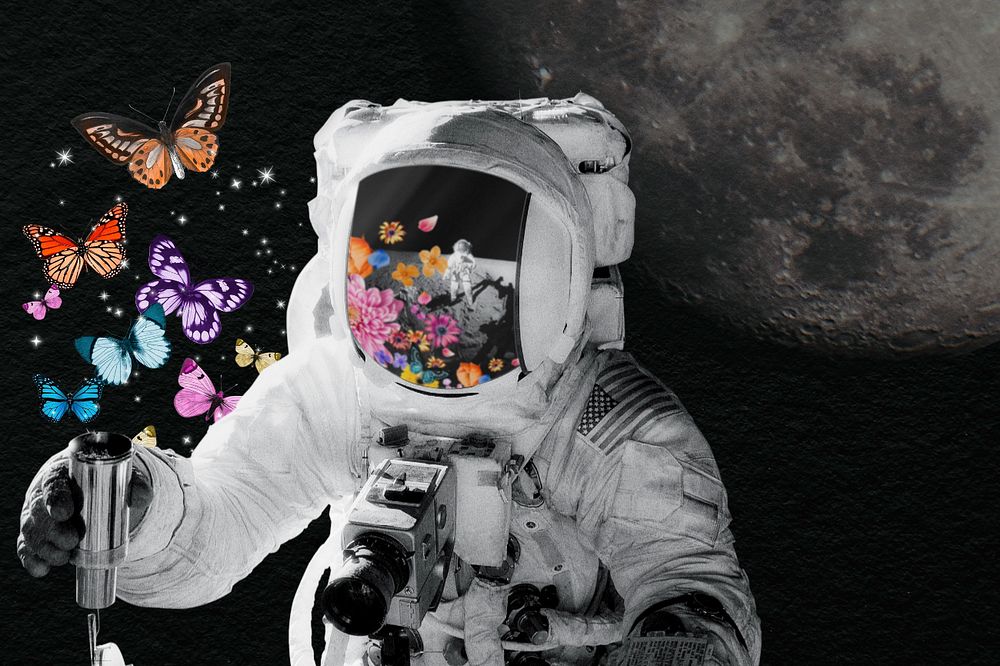 Astronaut collage art background, butterfly mixed media illustration