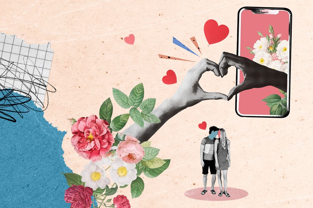 Online dating background, retro collage design, remix media design