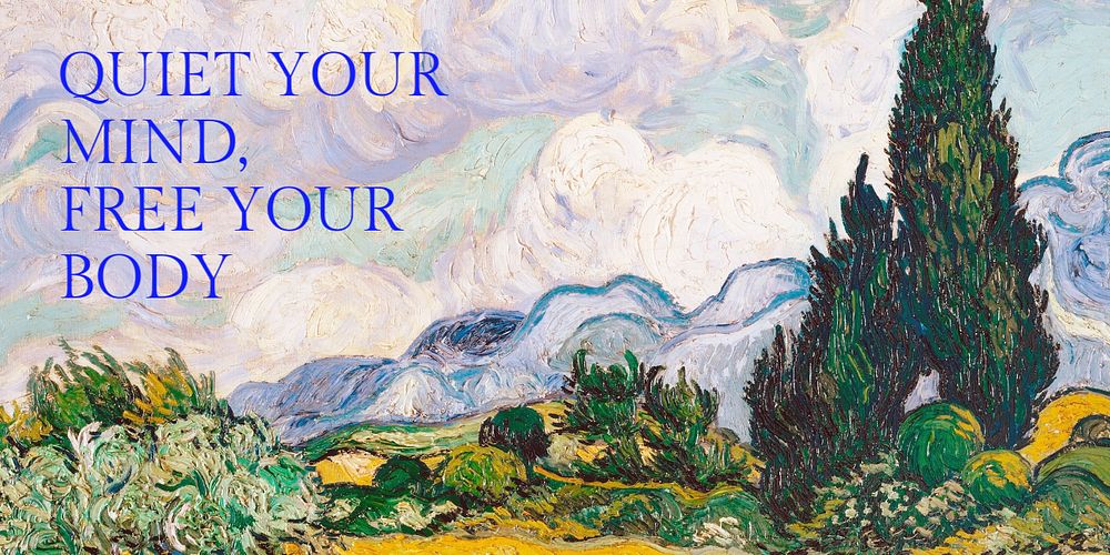 Quiet mind Twitter post template, Van Gogh Wheat Field with Cypresses remixed by rawpixel