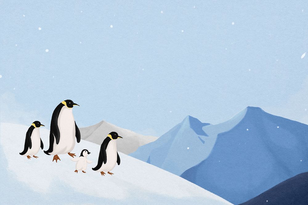 Winter penguins background, cute animal illustration