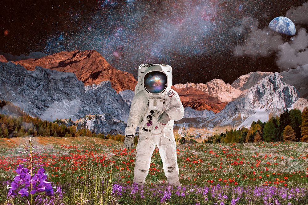 Astronaut in nature background, collage art, surreal remixed media