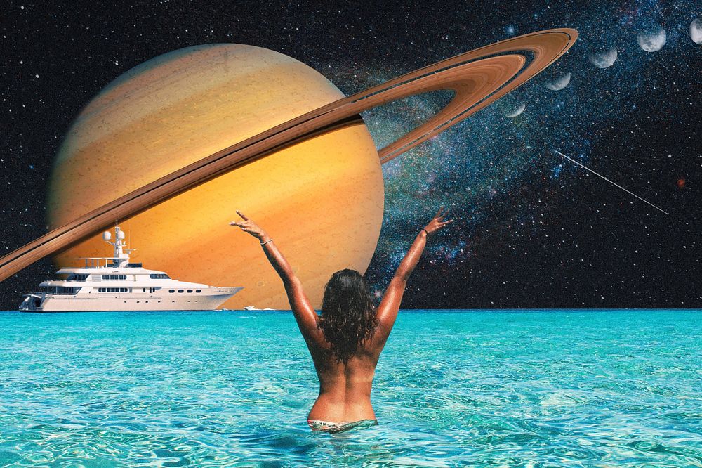 Summer vacation background, Saturn collage art, remixed media